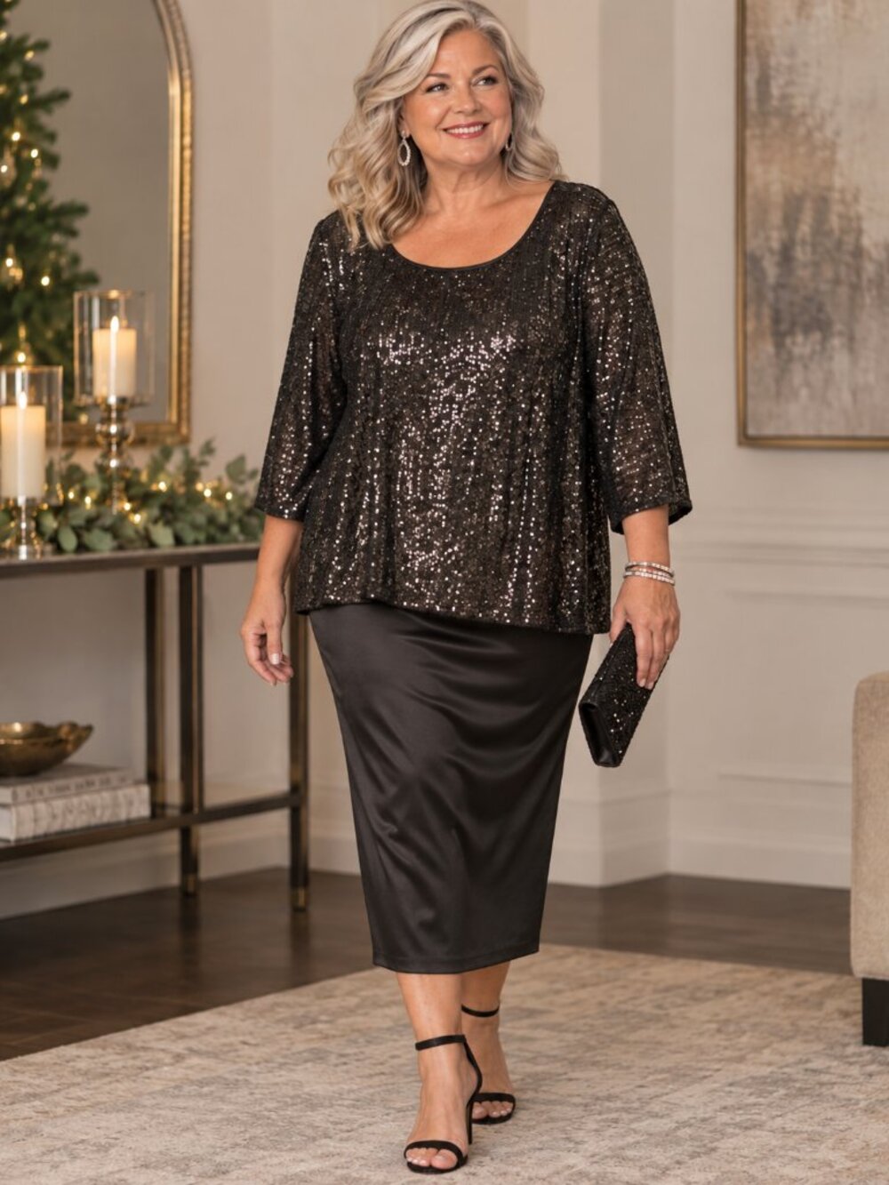 Alex Evenings 1X Black Sequin Evening Top Plus Size Formal Party Blouse